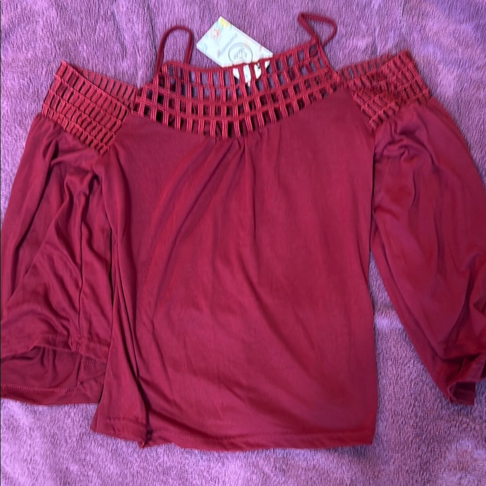 Red Ruched Blouson Sleeve Cut Out Blouse